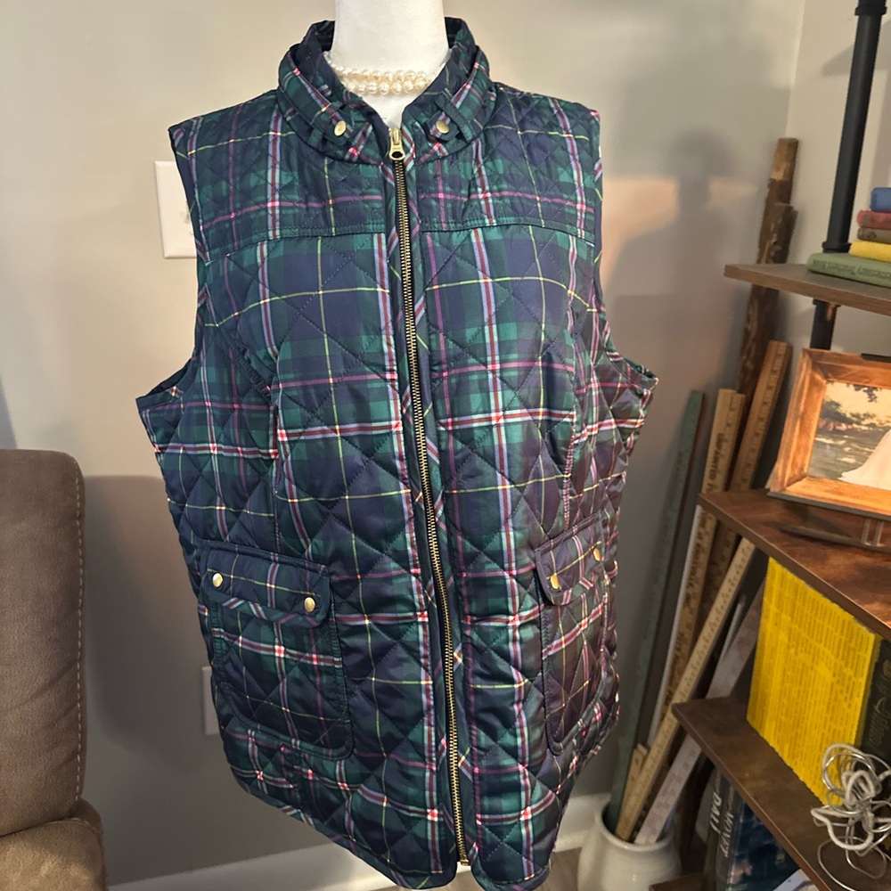 Plaid Quilted Vest - Navy Blue and Pink - Crown & Ivy